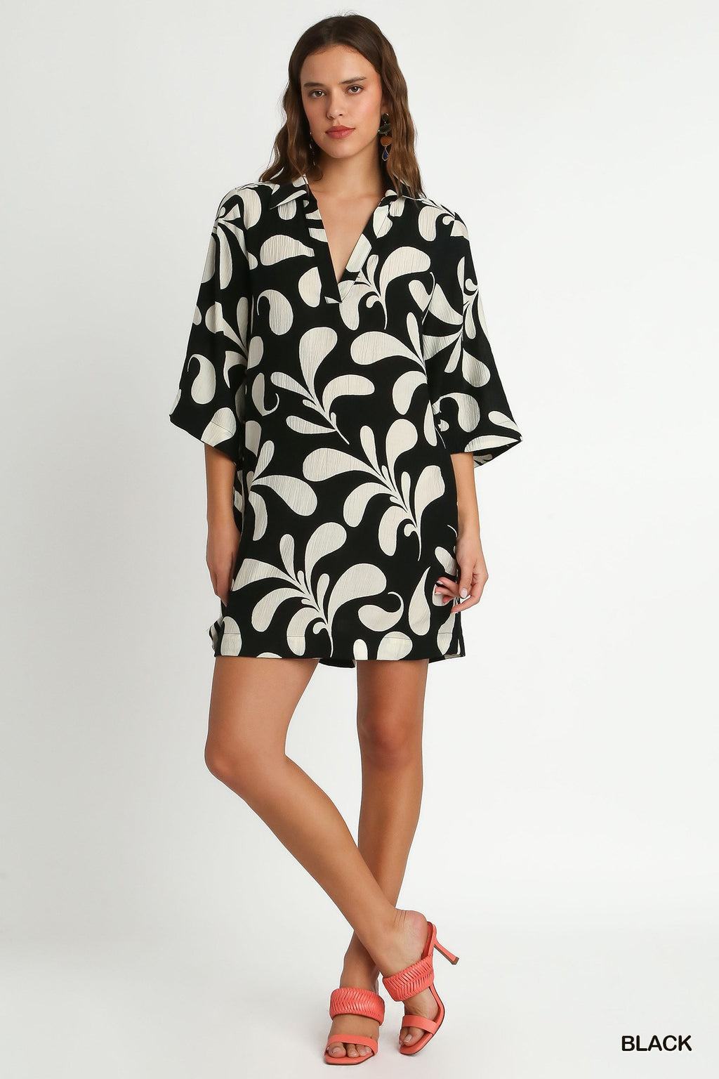 Crinkle Two Tone Print Collared Dress with 3/4 Wide Sleeves