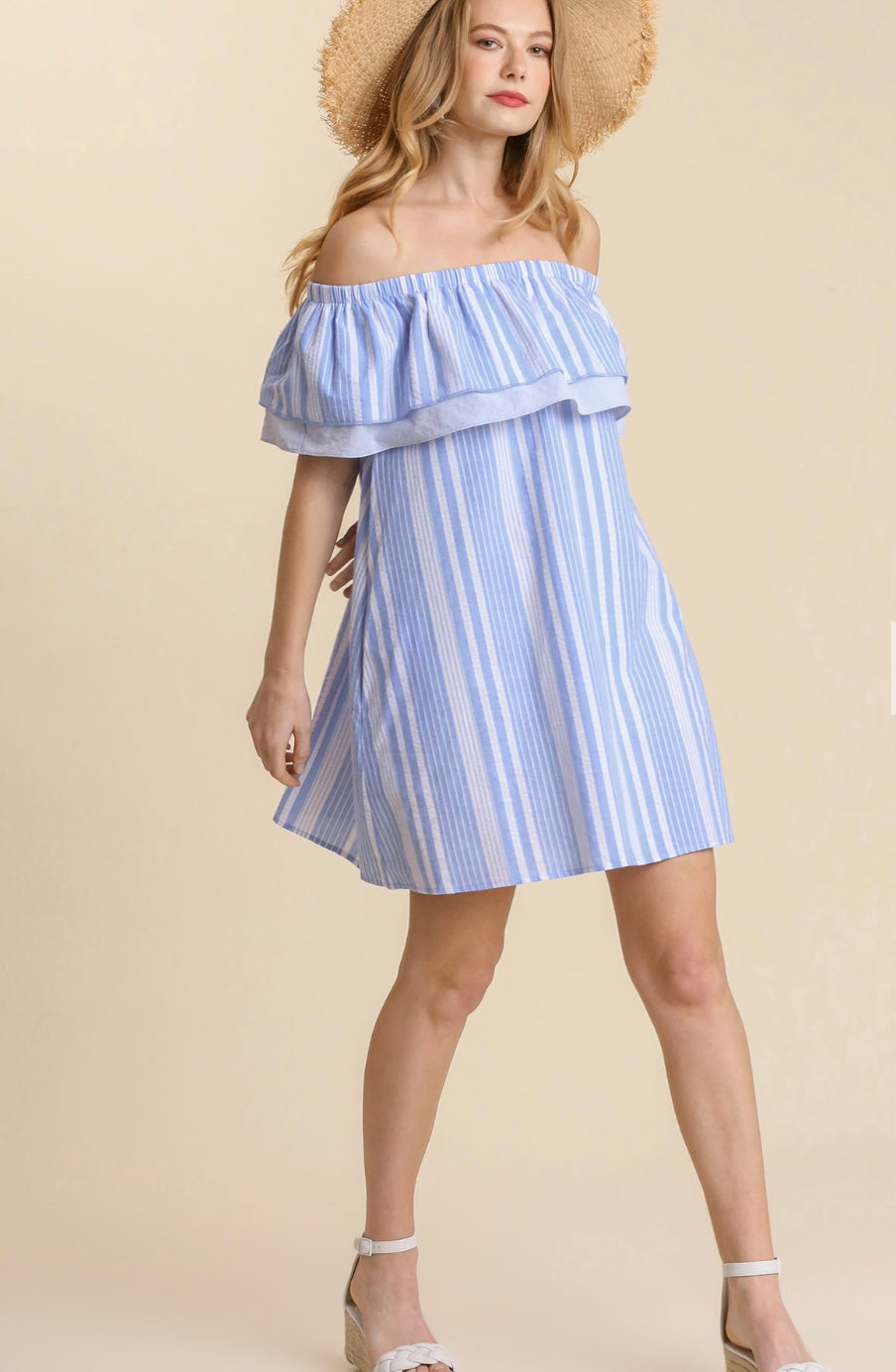 Off Shoulder Striped Double Ruffled Mini Dress