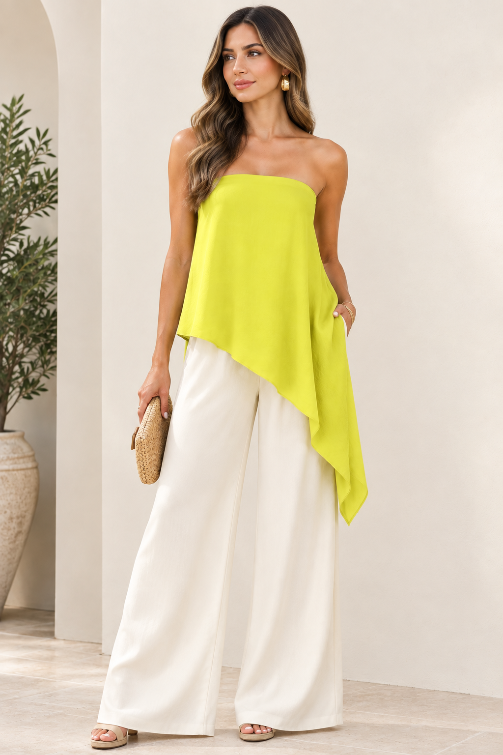Washed Poly Silk Diagonal Strapless Top