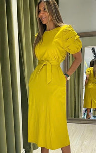 Tiered Sleeves Wrap Belt Midi Dress Gracia Fashion