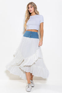 Gauze Maxi Skirt With Denim Contrast