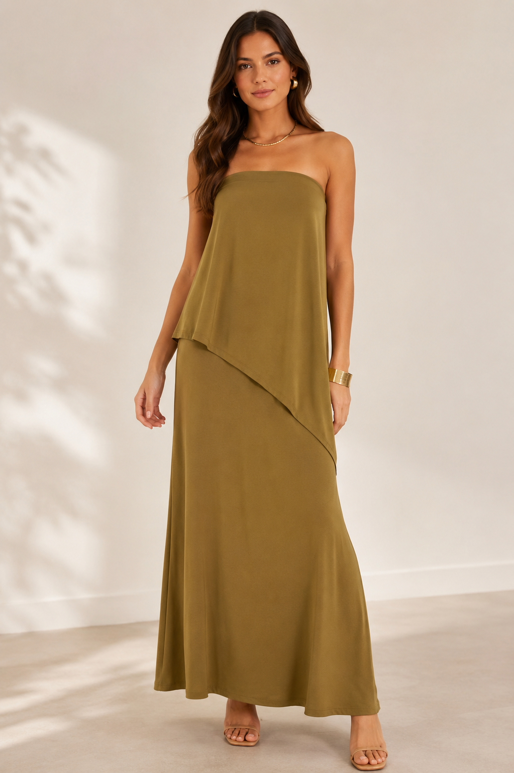 Washed Poly Silk Diagonal Strapless Maxi Dress