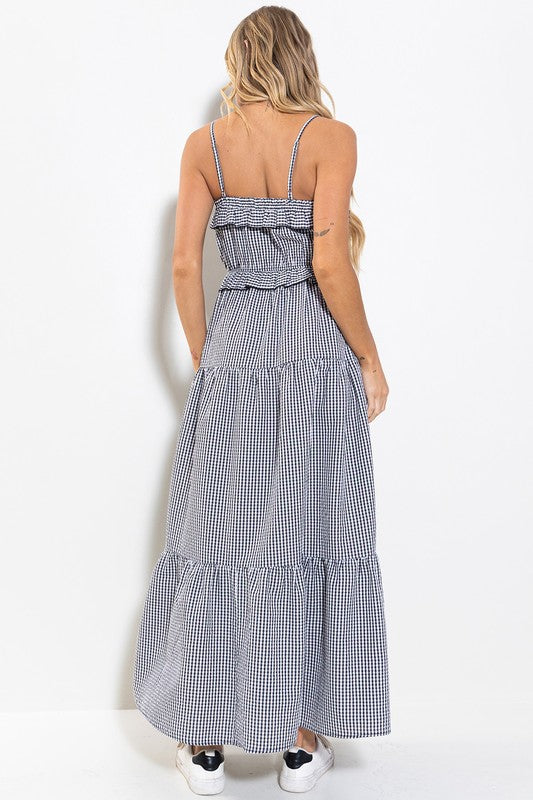 Gingham Check Shirring Tiered Maxi Dress