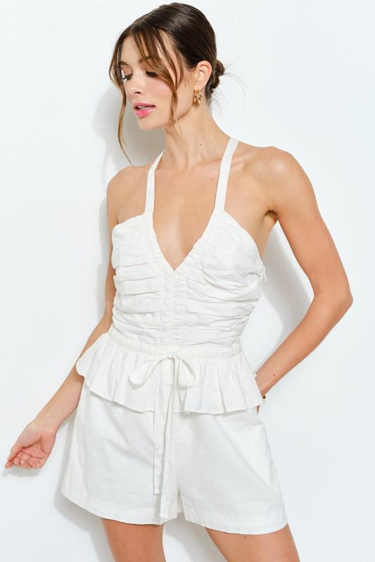 Crisscross Ruched Linen-blend Romper