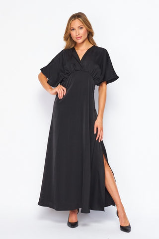 Women Woven Solid Satin  Kimono Sleeve Maxi Dress