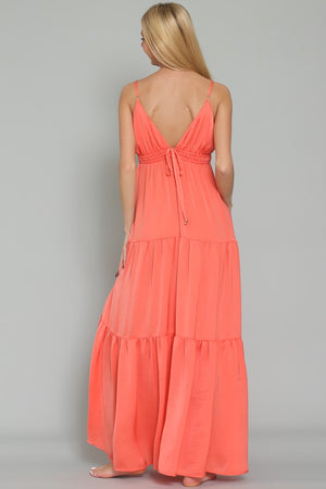 THIN ADJUSTABLE STRAP TIE BACK CHEST TIERED MAXI  DRESS
