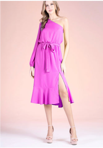 Powder Solid One Sleeve Ruffle Midi Dress