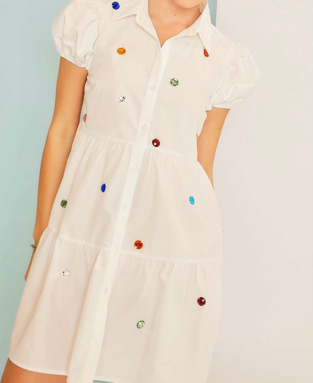 Color Stone Trim Poplin Mini Dress