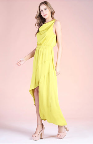 Washed Poly Silk Cowl Neck Draped Maxi Dress