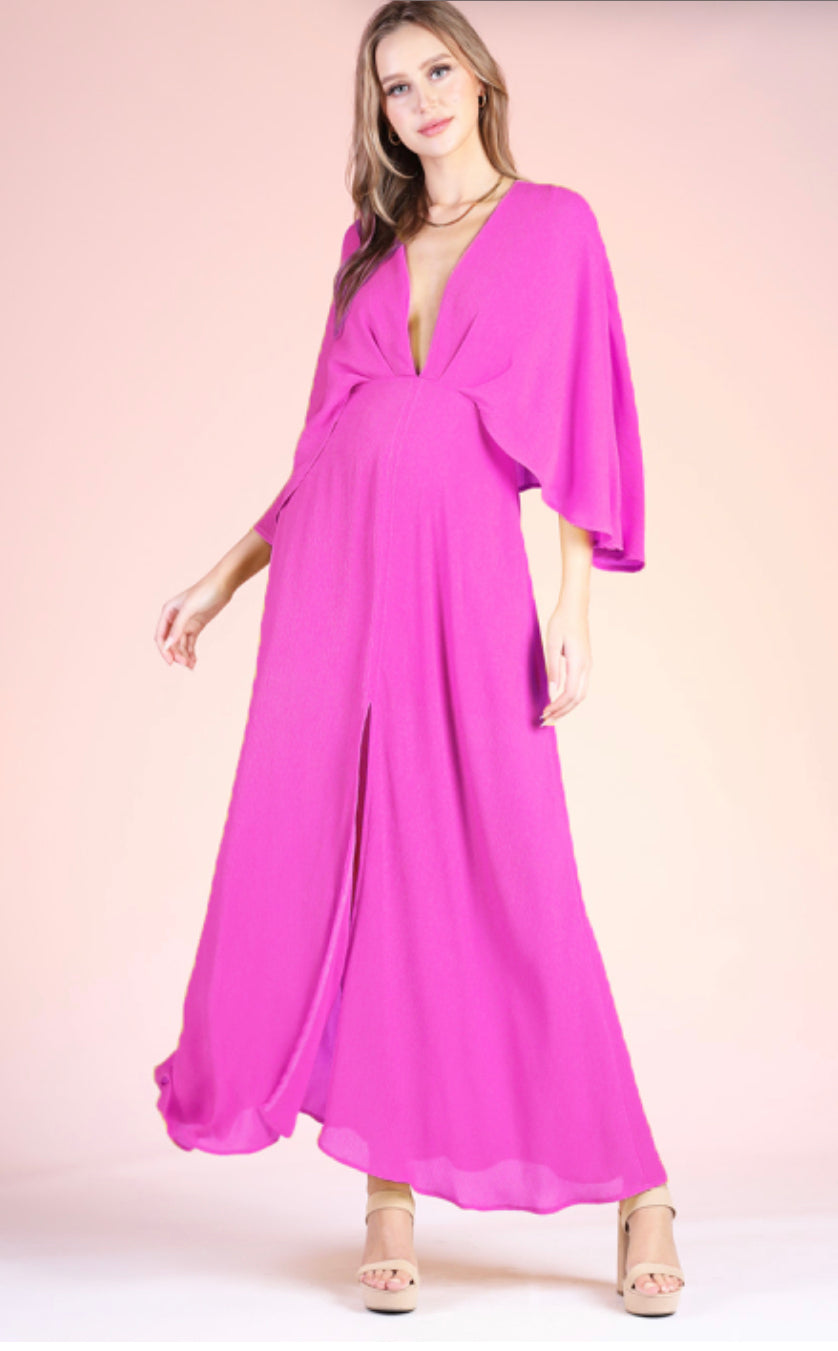 Crinkle Solid Cape Maxi Dress