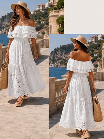 White Eyelet Off-shoulder Maxi Dress