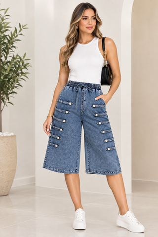 Military Wide-leg Drawstring Bermuda Shorts With Gold Button
