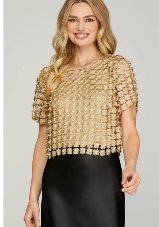 Short Sleeve Lurex Crochet Lace Pearl Top