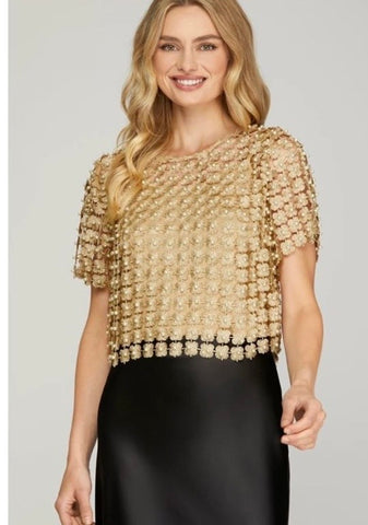 Short Sleeve Lurex Crochet Lace Pearl Top