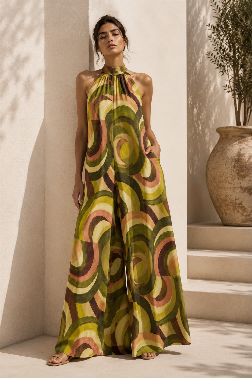 Mock Neck Open Back Wide Leg Jumpsuit