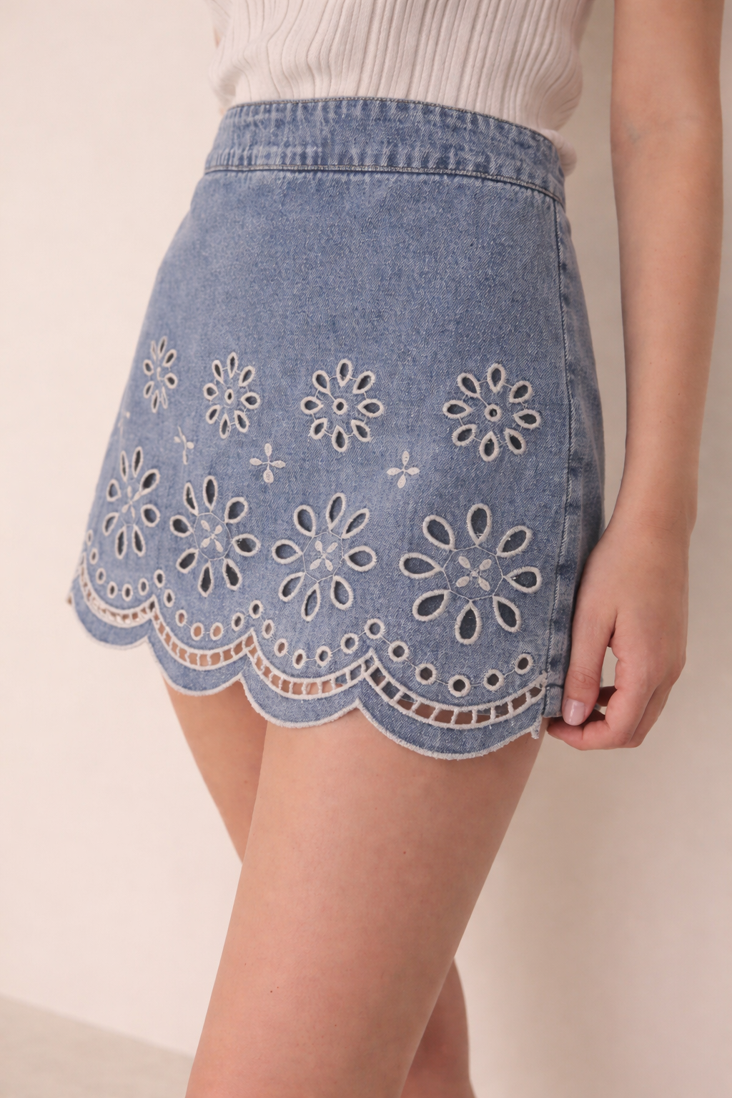 Washed Denim Skort With Eyelet Cut