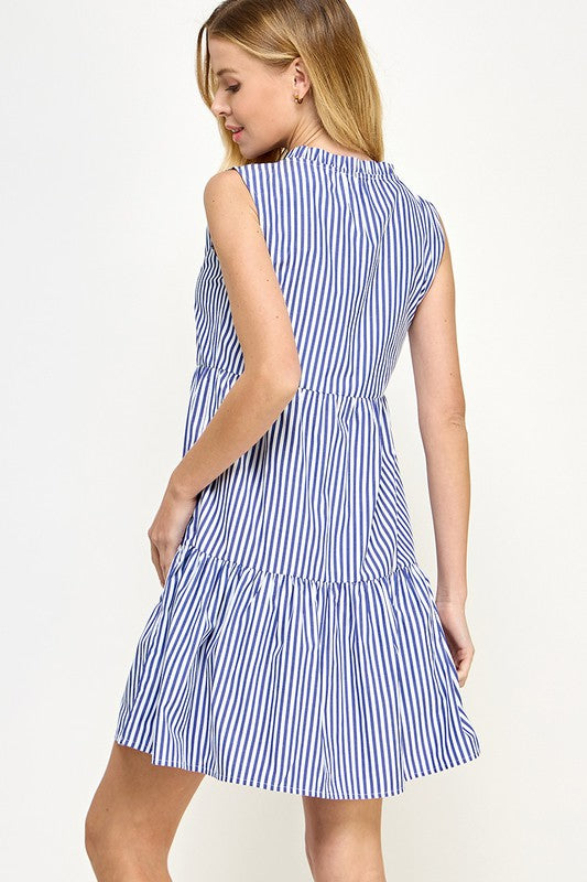 V-Neck Sleeveless Tiered Stripe Short Dress
