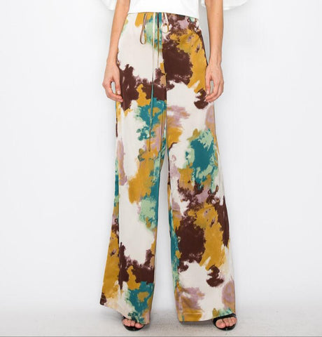 Satin abstract print high-waisted belt wide pants