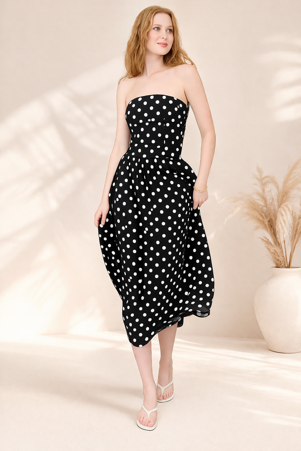 Polka Dot Strapless Midi Dress