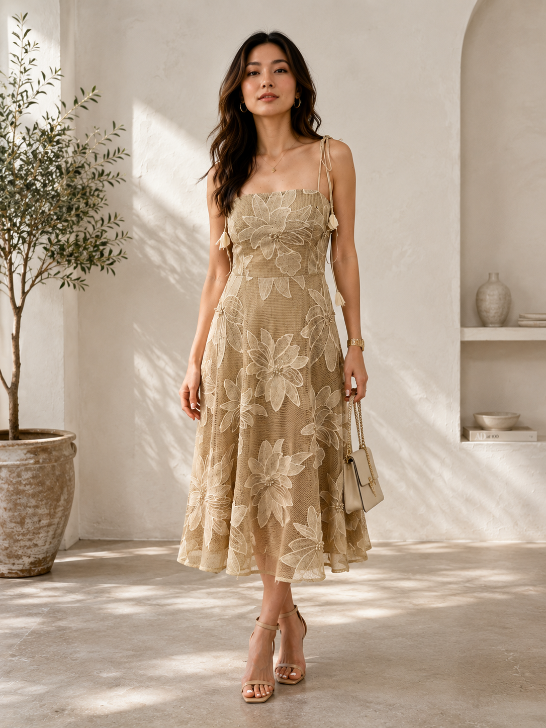 Woven Lace Appliqué Midi Dress