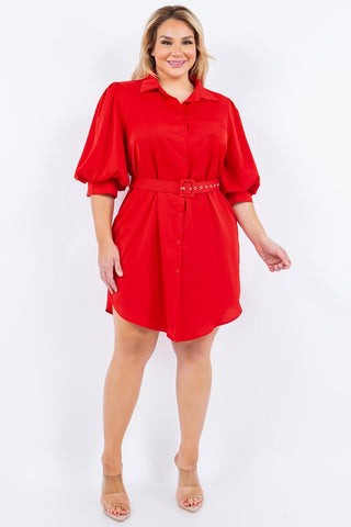 Plus Size Solid Belted Fashion Short Dress