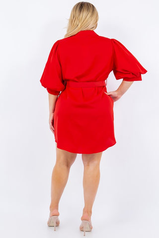 Plus Size Solid Belted Fashion Short Dress
