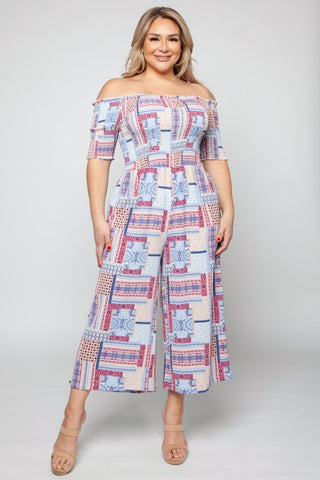 Plus Size Print Smocked Off Shoulder Jumpsuit