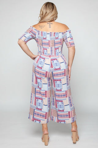 Plus Size Print Smocked Off Shoulder Jumpsuit