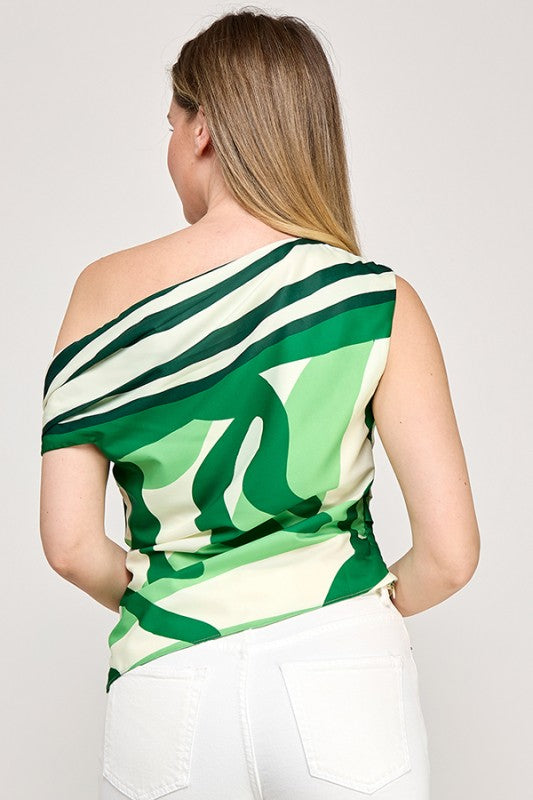 Printed Asymmetric Shoulder Top