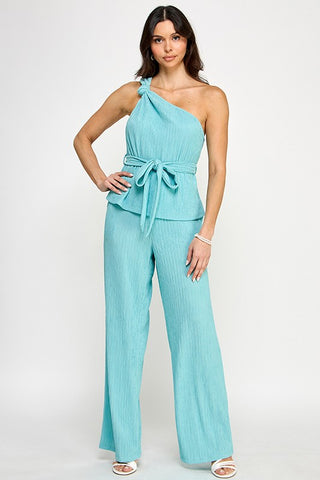 Knotted One Shoulder Plisse Knit Top With Pants Set