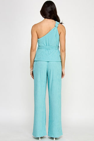 Knotted One Shoulder Plisse Knit Top With Pants Set