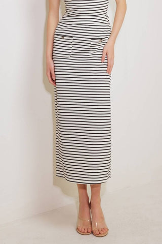 A striped woven skirt featuring front pocket, elasticized back waist and back slit