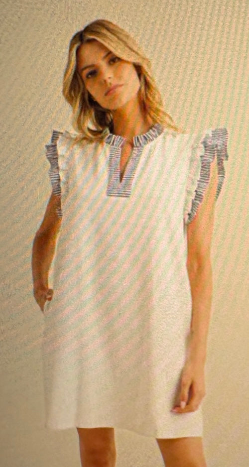 Off White Dress With Striped Sleeves