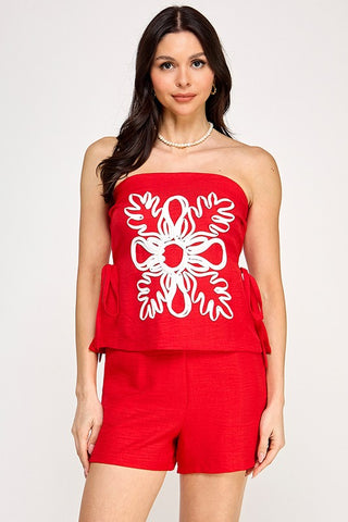 Embroidery Detail Side Open with Tie Top and Pants Set