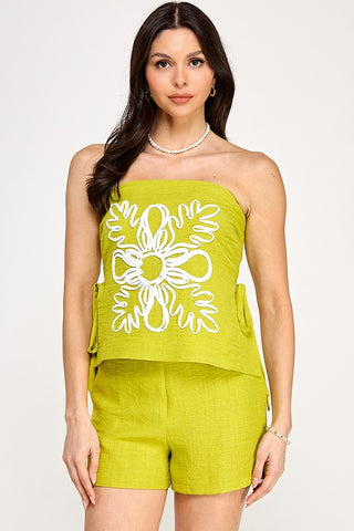 Embroidery Detail Side Open with Tie Top and Pants Set