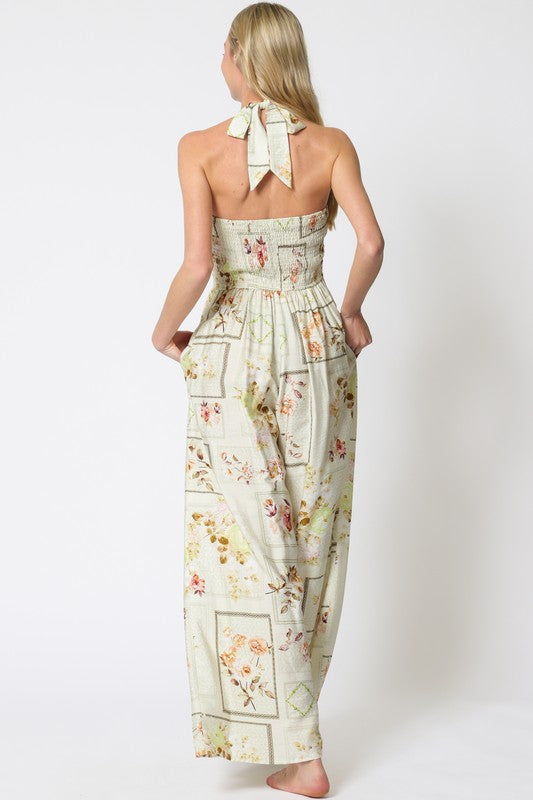 Halter Button Down Smocked Back Jumpsuit