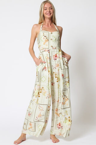 Halter Button Down Smocked Back Jumpsuit