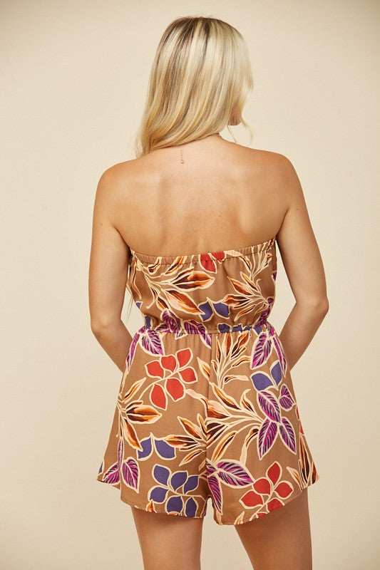 Tropical Printed Tie Front Tube Romper