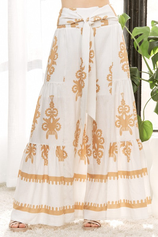 Chic Fashionable Summer Printed Woven Self Belted Pant