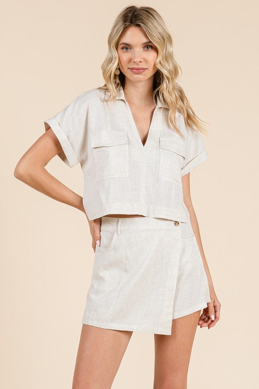 Natural Linen-blend Collared Top & Wrap Skort Set