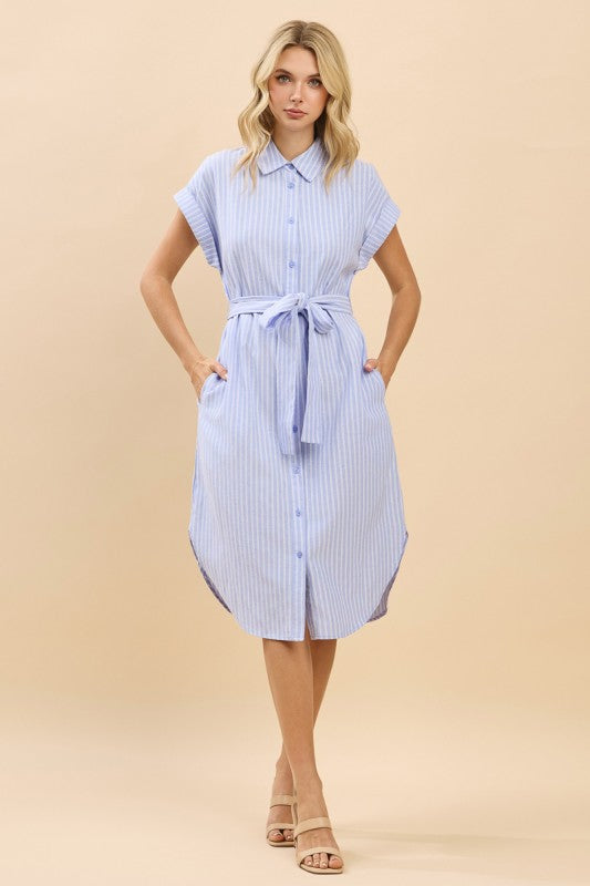 Cap Sleeve Striped Shirt Midi Dress With Waist Tie