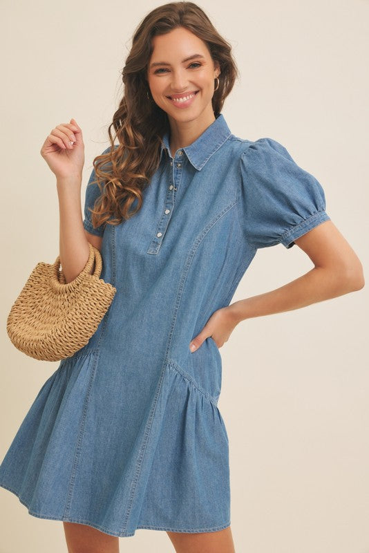 Washed Cotton Denim Flare Mini Dress With Ruffles