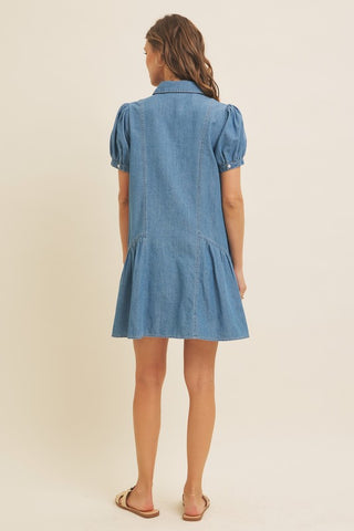 Washed Cotton Denim Flare Mini Dress With Ruffles