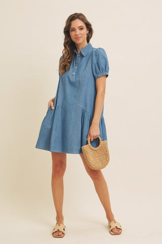 Washed Cotton Denim Flare Mini Dress With Ruffles