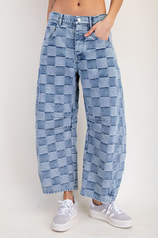 Mineral Washed Checker Print Barrel Jeans