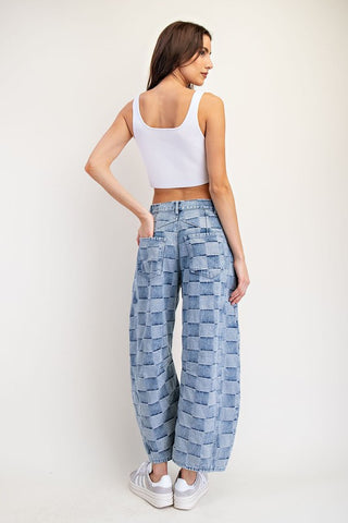 Mineral Washed Checker Print Barrel Jeans