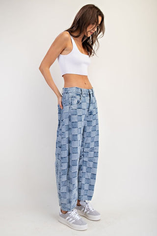 Mineral Washed Checker Print Barrel Jeans