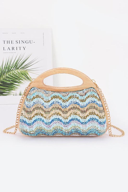 Faux Straw Wood Frame Handle Bag