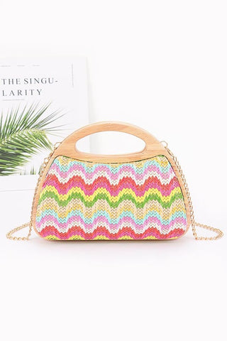 Faux Straw Wood Frame Handle Bag