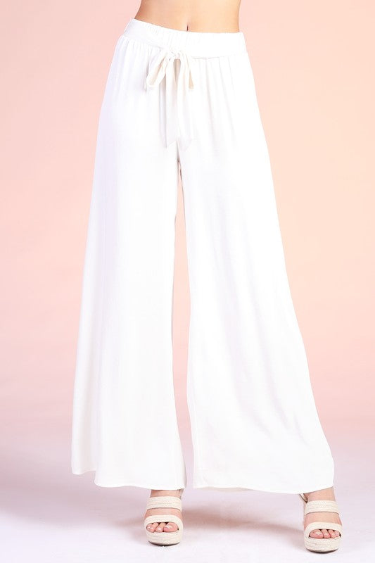 Washed Poly Silk Tie Waist Wide Leg Pants